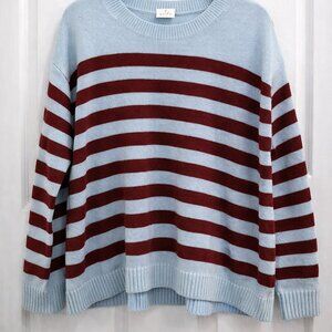 LOFT Striped Pullover Sweater Large Light Blue Burgundy NWT Preppy Coastal Chic